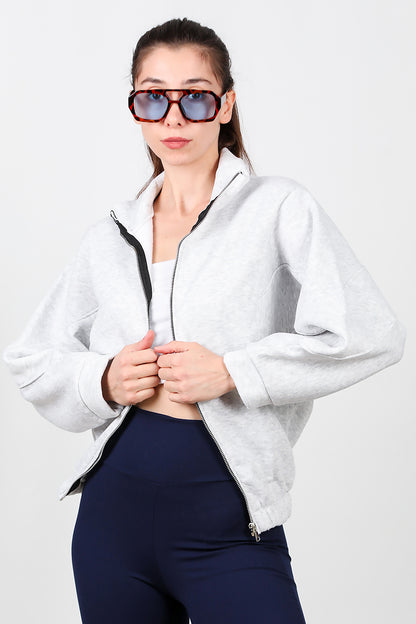 Kadın Dik Yaka Fermuarlı Sweat Gri