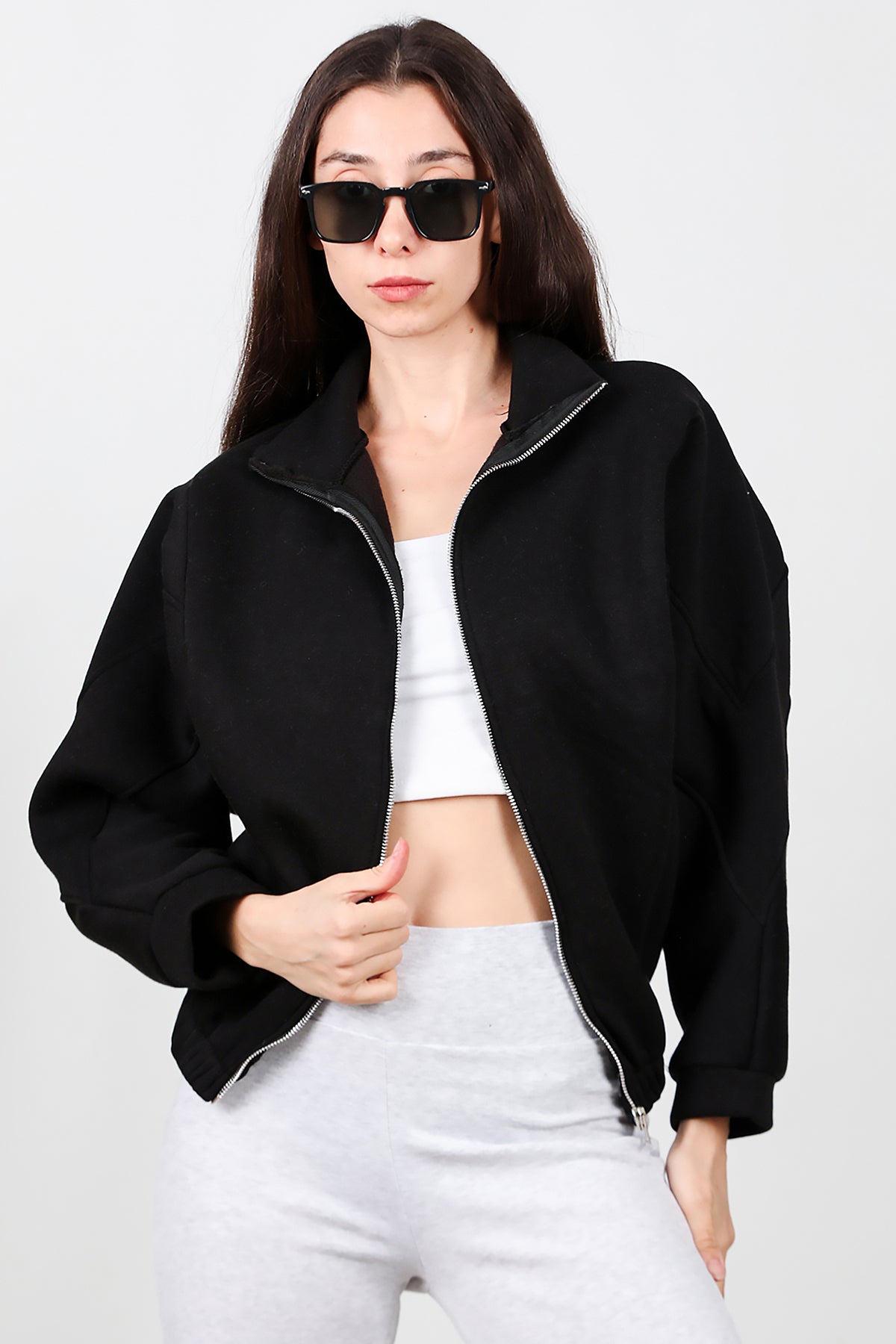 Kadın Dik Yaka Fermuarlı Sweat Siyah