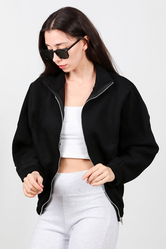 Kadın Dik Yaka Fermuarlı Sweat Siyah