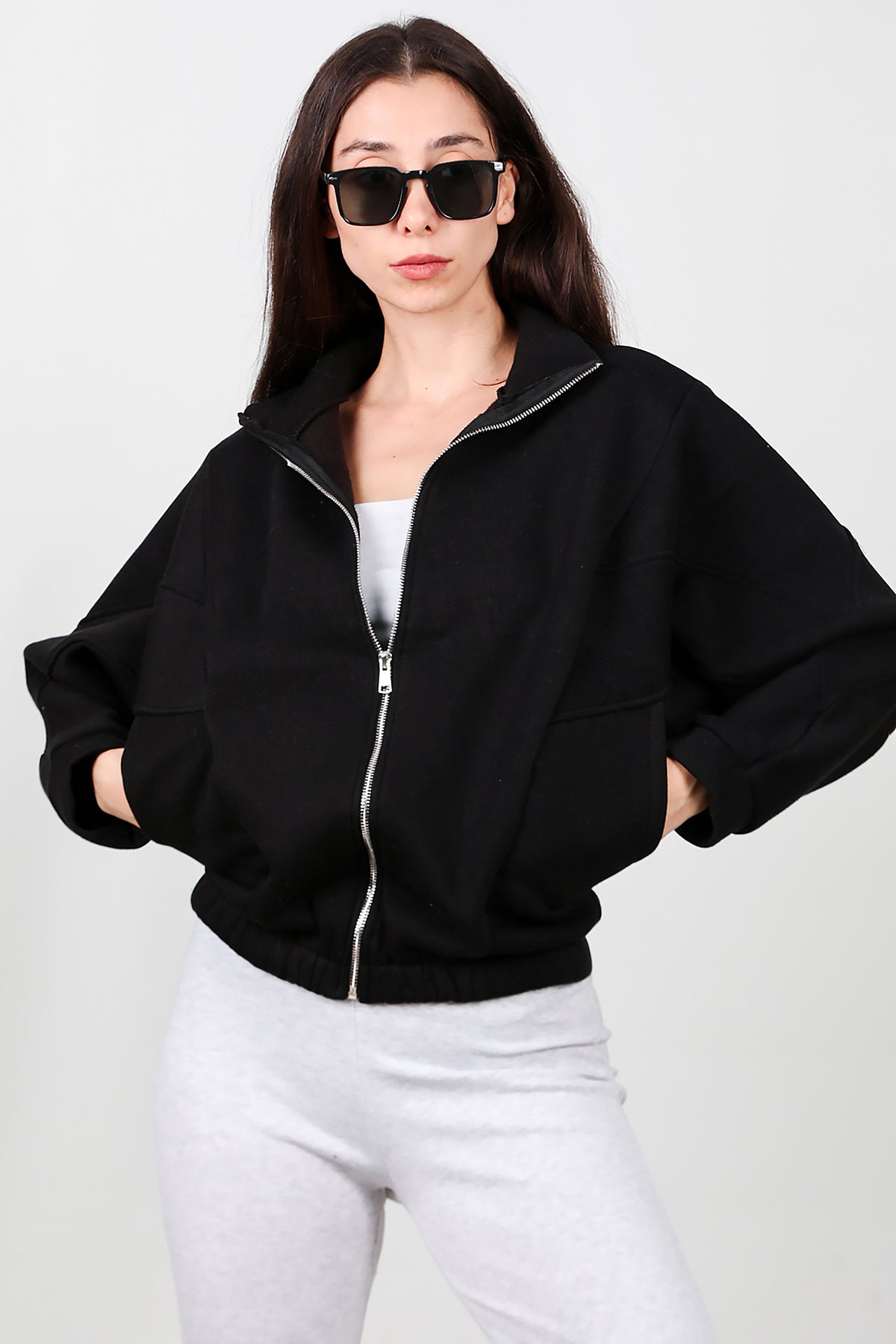 Kadın Dik Yaka Fermuarlı Sweat Siyah