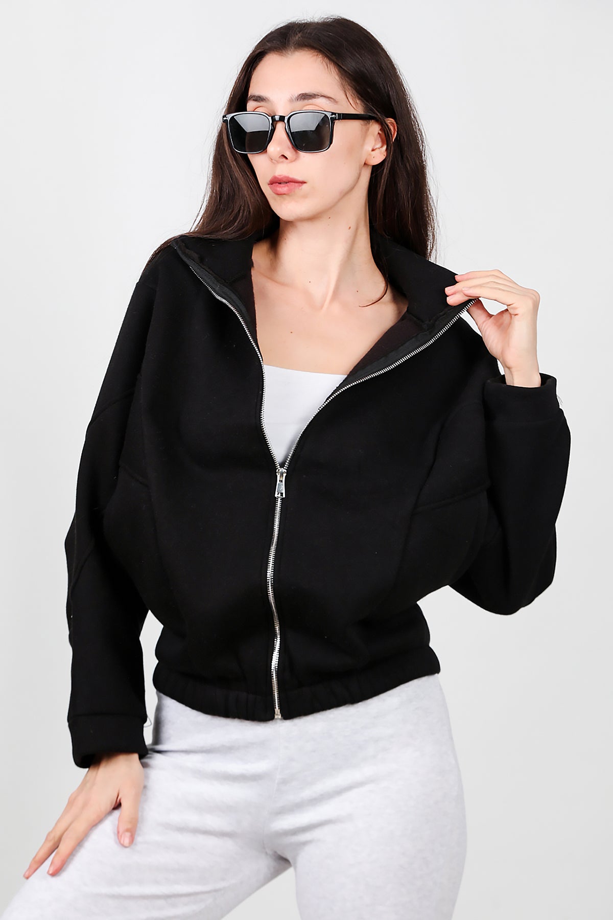 Kadın Dik Yaka Fermuarlı Sweat Siyah