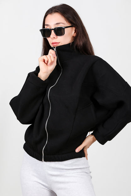Kadın Dik Yaka Fermuarlı Sweat Siyah
