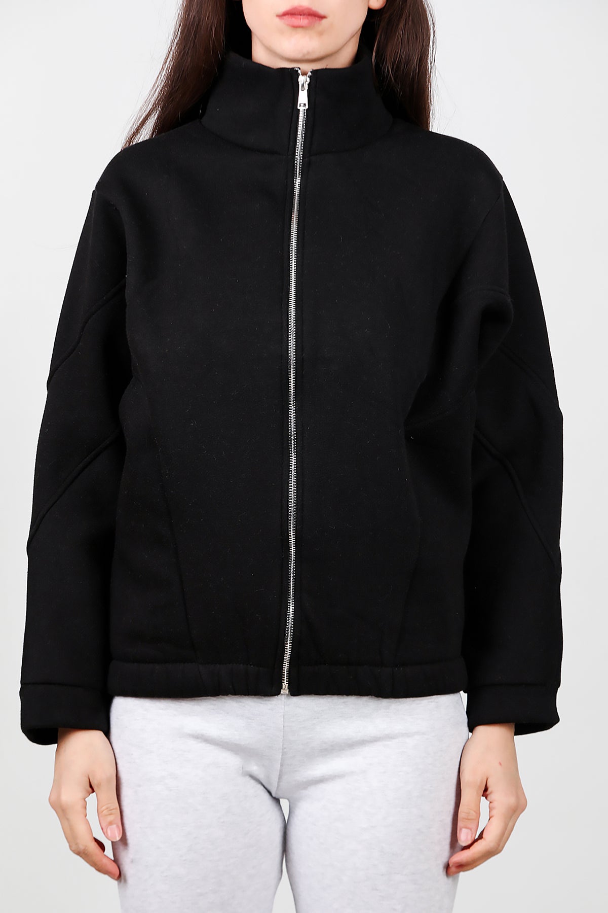 Kadın Dik Yaka Fermuarlı Sweat Siyah