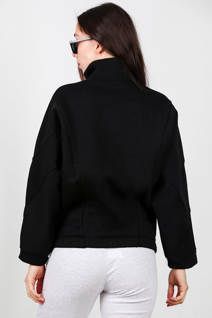 Kadın Dik Yaka Fermuarlı Sweat Siyah