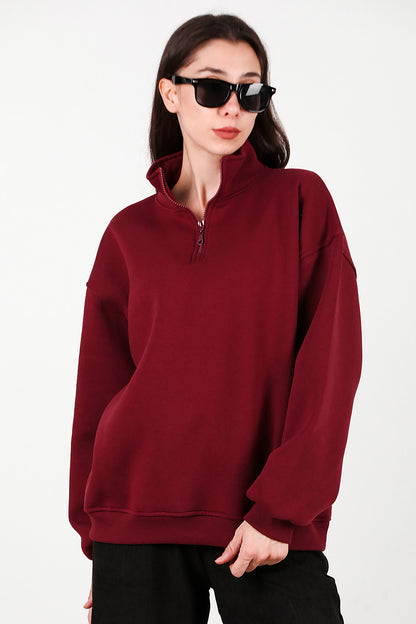Kadın Yarım Balıkçı Yaka Fermuarlı Sweat Bordo