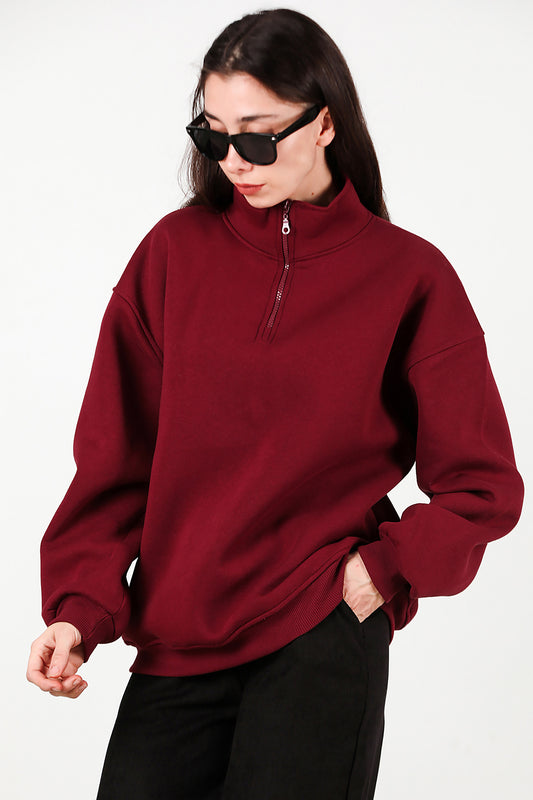 Kadın Yarım Balıkçı Yaka Fermuarlı Sweat Bordo