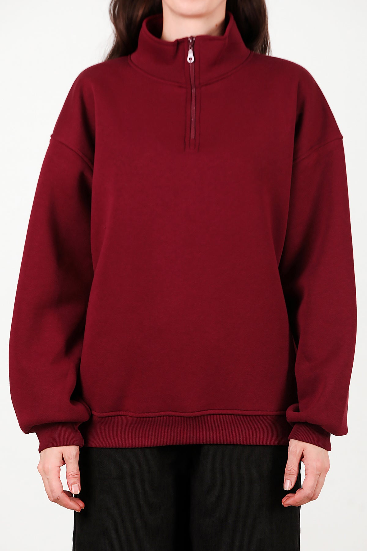 Kadın Yarım Balıkçı Yaka Fermuarlı Sweat Bordo