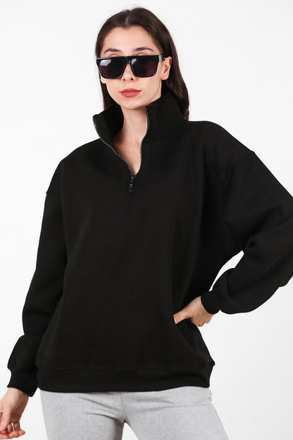 Kadın Yarım Balıkçı Yaka Fermuarlı Sweat Siyah