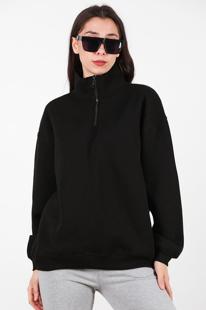 Kadın Yarım Balıkçı Yaka Fermuarlı Sweat Siyah