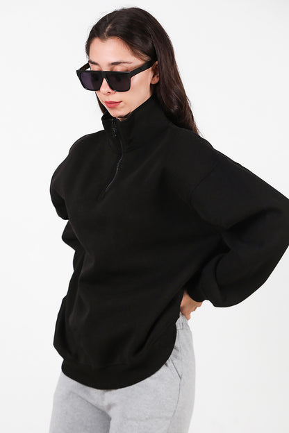 Kadın Yarım Balıkçı Yaka Fermuarlı Sweat Siyah