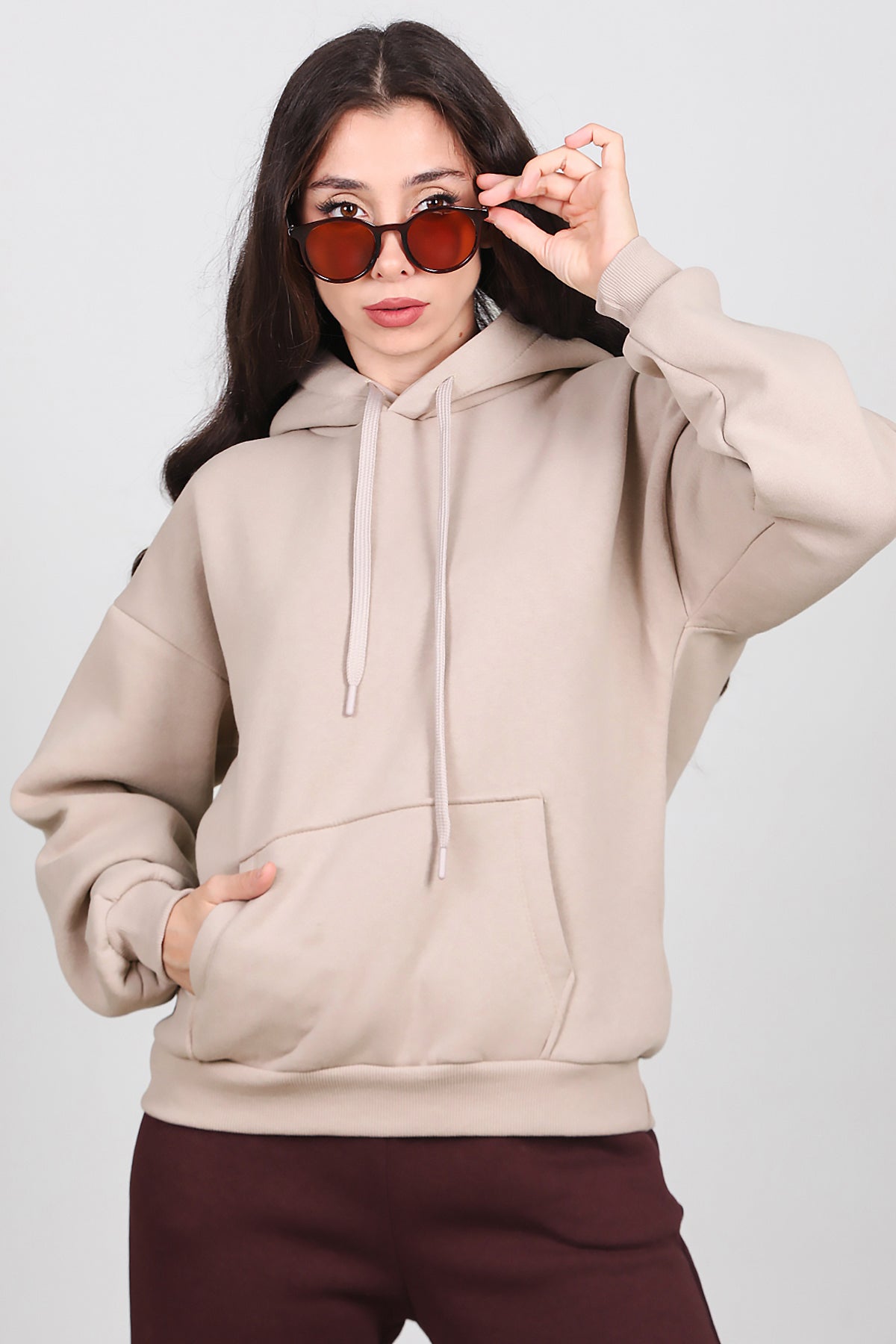 Kadın Kapşonlu Sweat Vizon