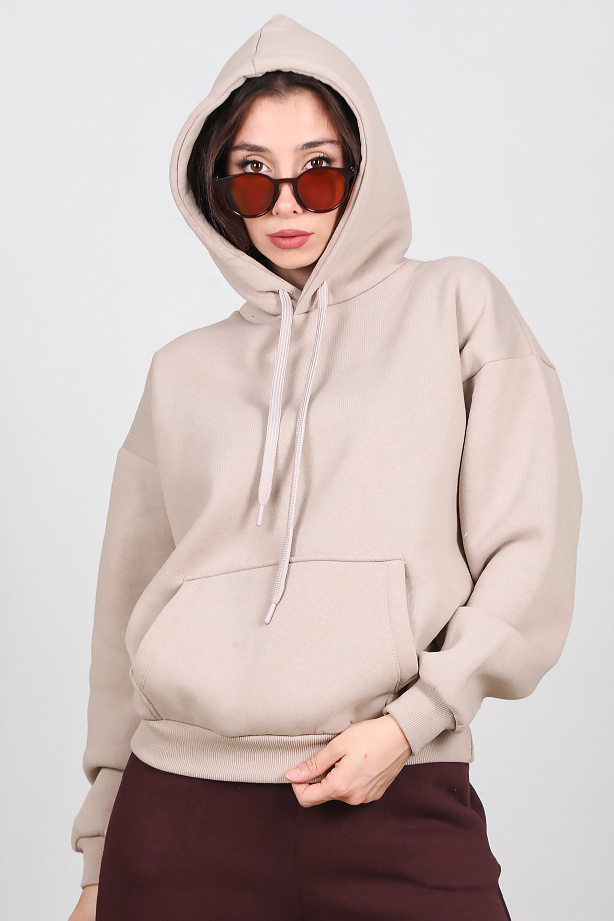 Kadın Kapşonlu Sweat Vizon