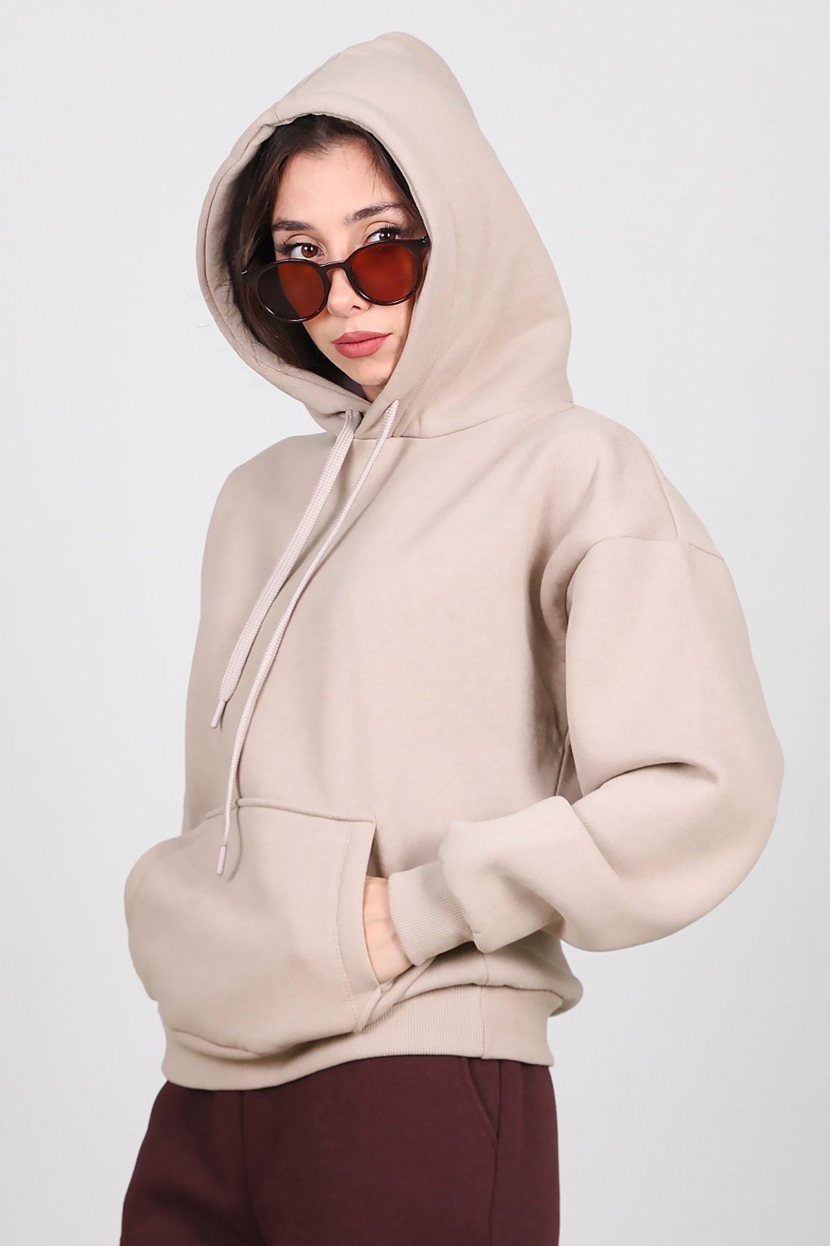 Kadın Kapşonlu Sweat Vizon