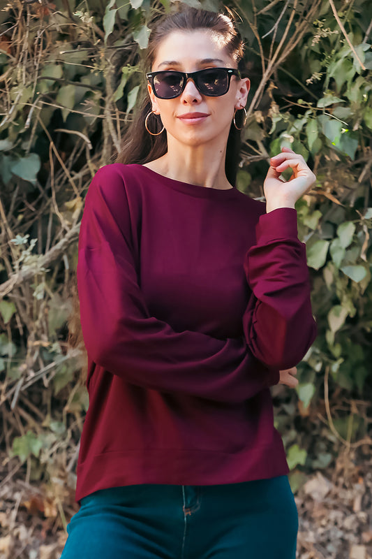 Kadın Oversize Bisiklet Yaka Sweat Bordo