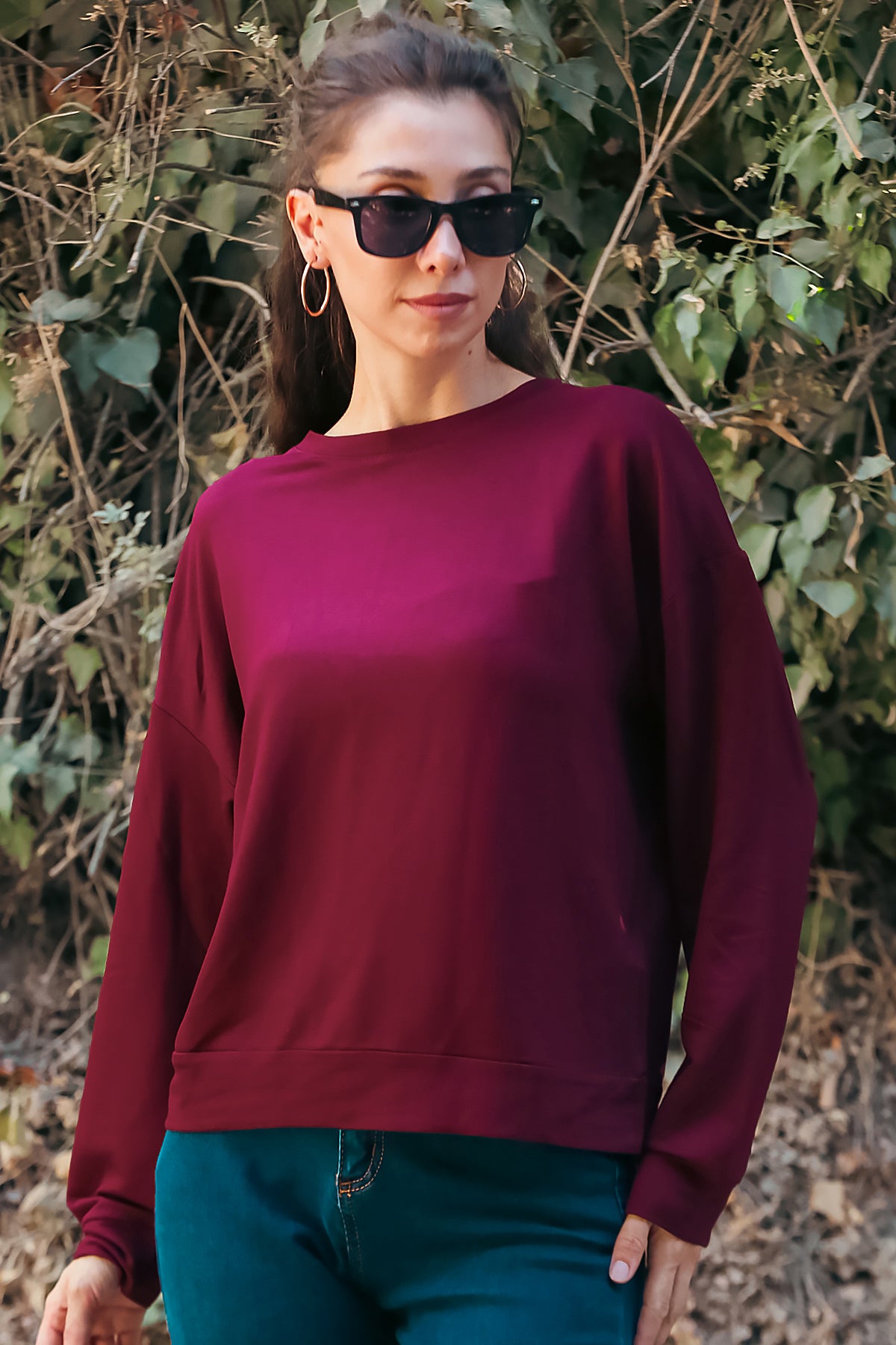 Kadın Oversize Bisiklet Yaka Sweat Bordo