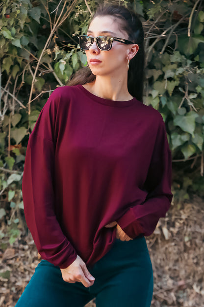 Kadın Oversize Bisiklet Yaka Sweat Bordo