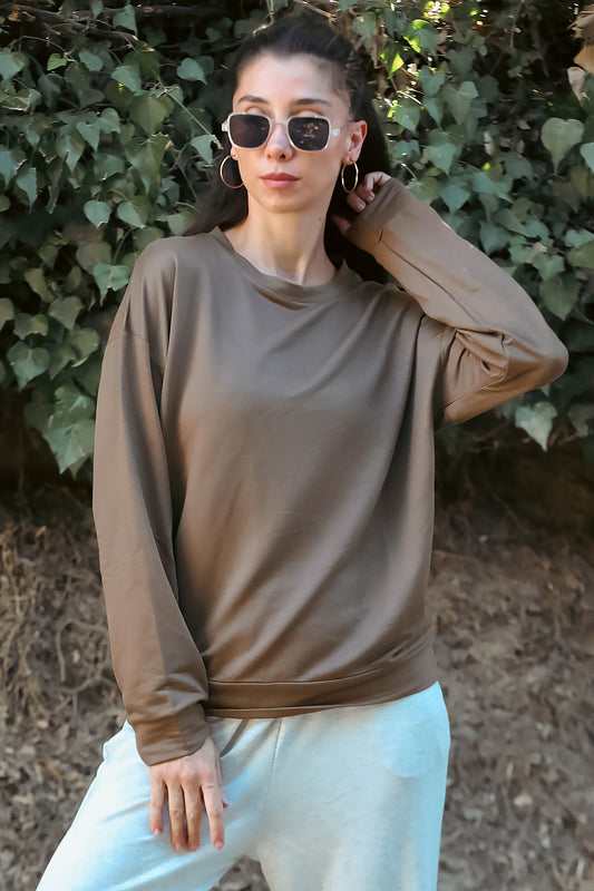 Kadın Oversize Bisiklet Yaka Sweat Kahverengi