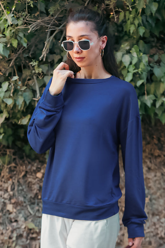 Kadın Oversize Bisiklet Yaka Sweat Lacivert