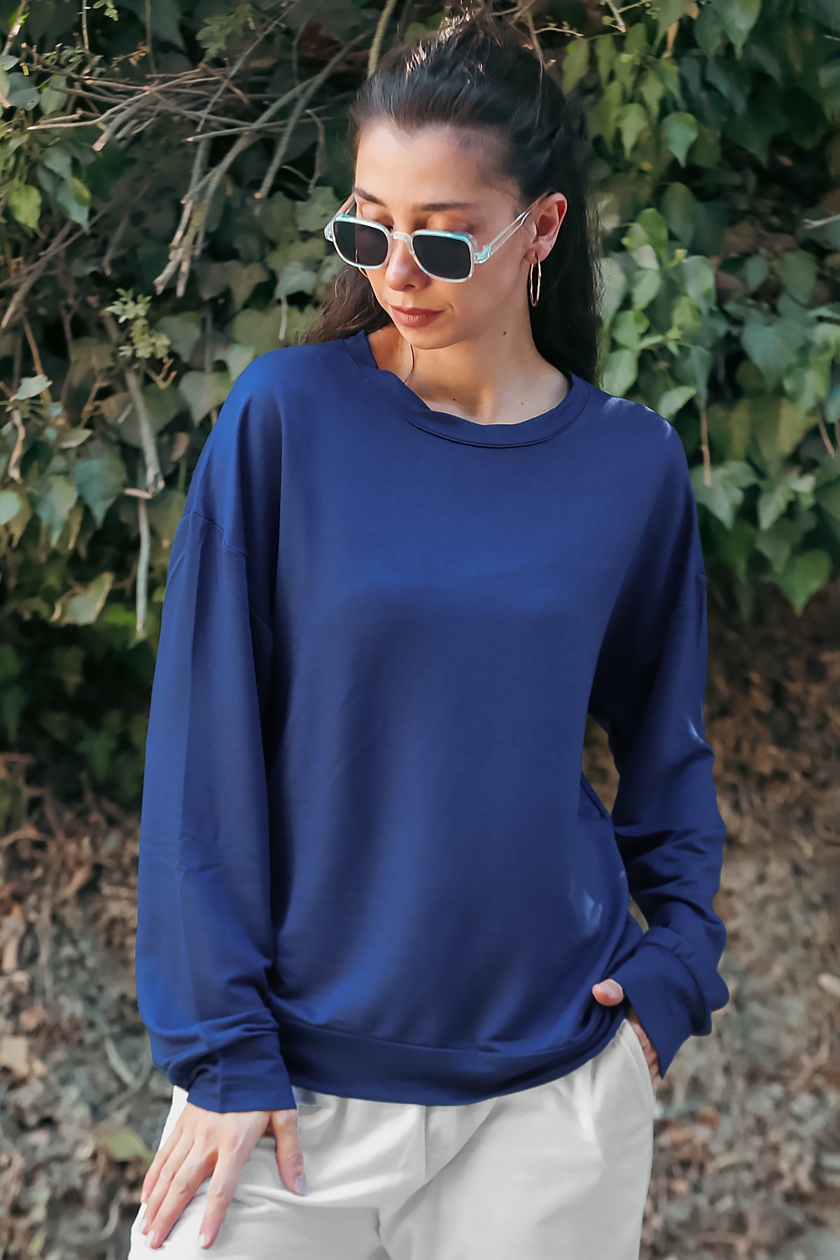 Kadın Oversize Bisiklet Yaka Sweat Lacivert