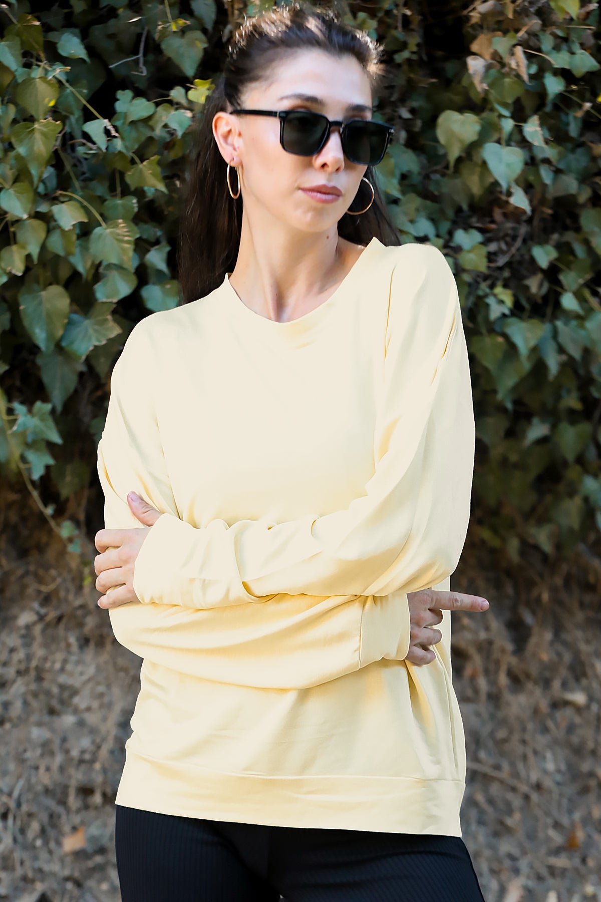 Kadın Oversize Bisiklet Yaka Sweat Sarı