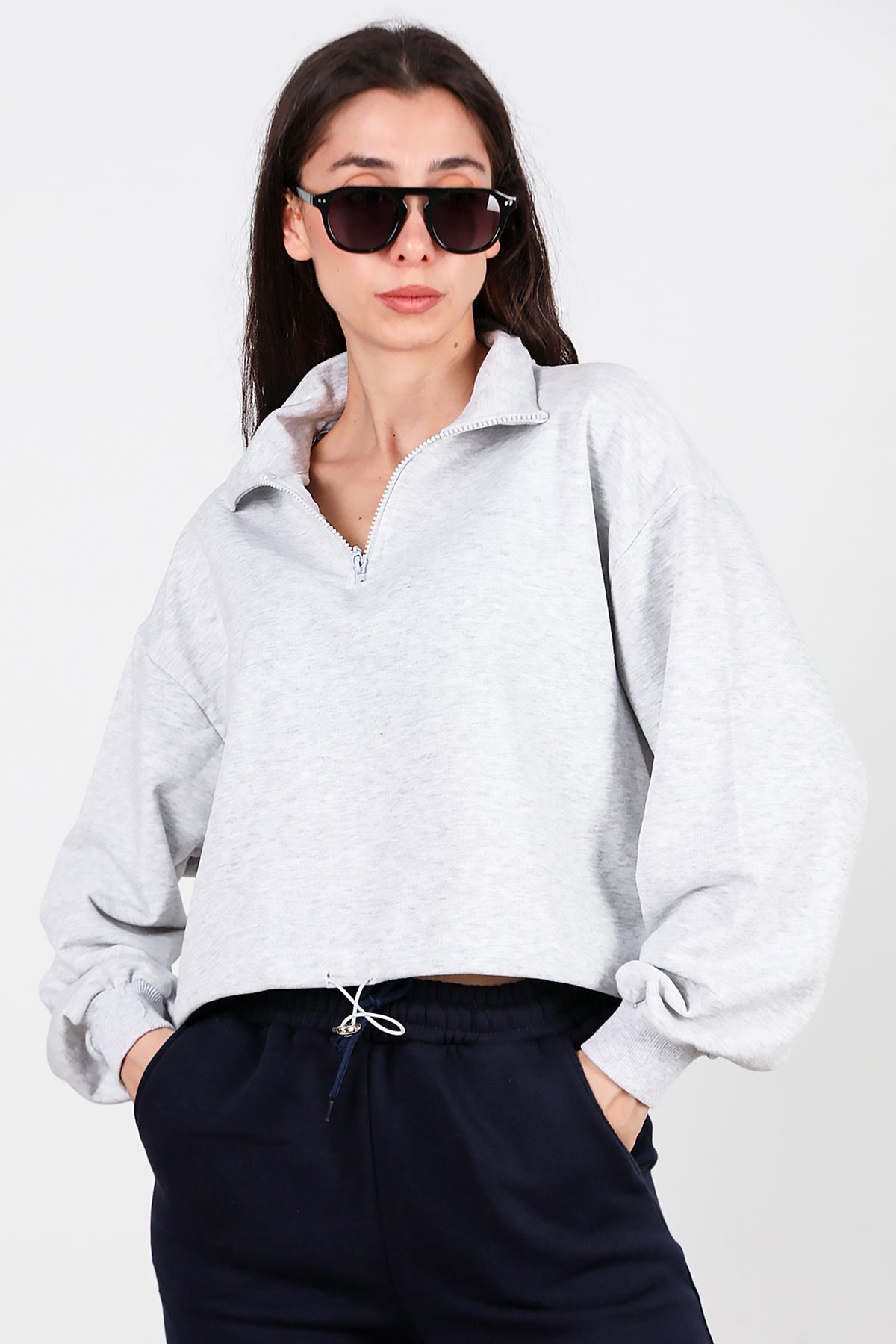 Kadın Yarım Fermuar Dik Yaka Bel Lastikli Sweat Gri