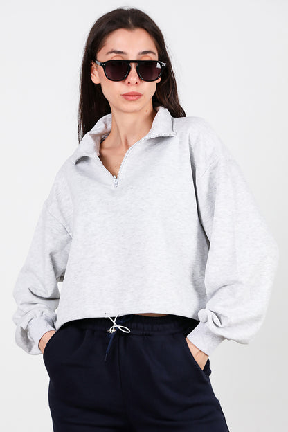 Kadın Yarım Fermuar Dik Yaka Bel Lastikli Sweat Gri