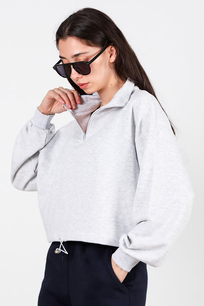 Kadın Yarım Fermuar Dik Yaka Bel Lastikli Sweat Gri