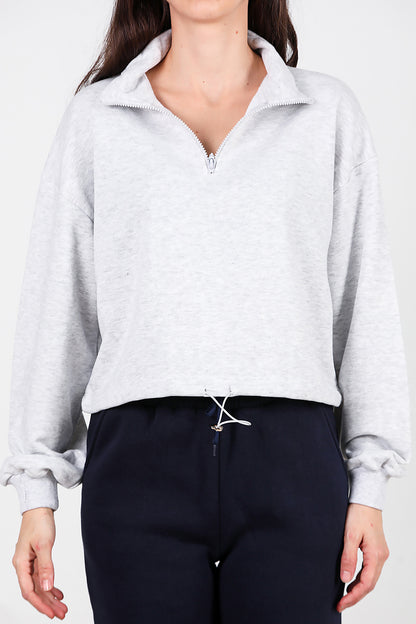 Kadın Yarım Fermuar Dik Yaka Bel Lastikli Sweat Gri
