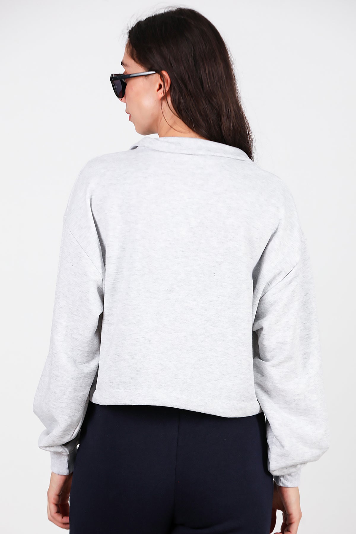 Kadın Yarım Fermuar Dik Yaka Bel Lastikli Sweat Gri