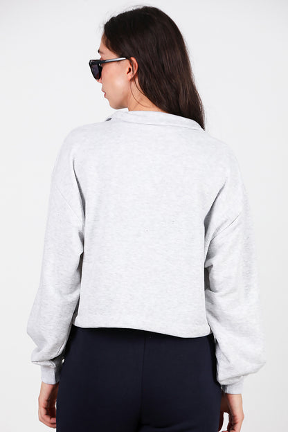 Kadın Yarım Fermuar Dik Yaka Bel Lastikli Sweat Gri