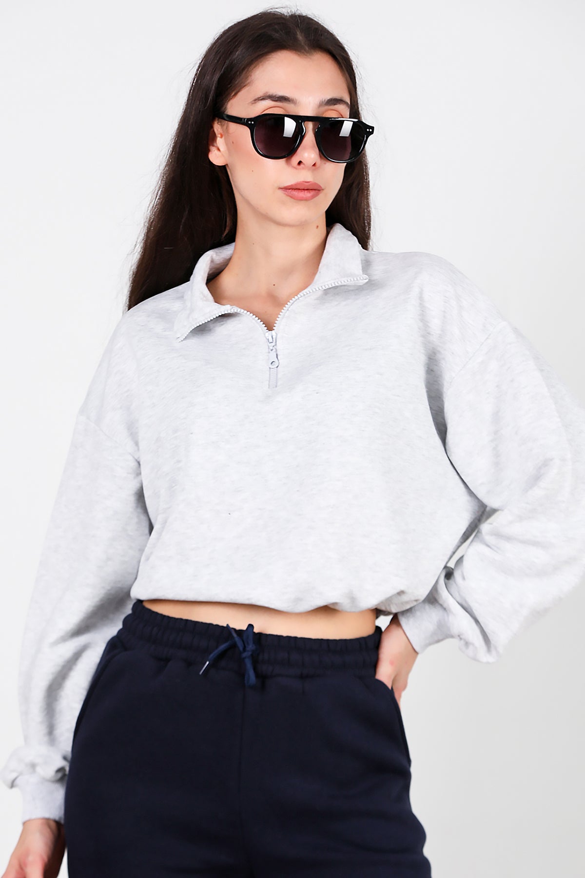 Kadın Yarım Fermuar Dik Yaka Bel Lastikli Sweat Gri