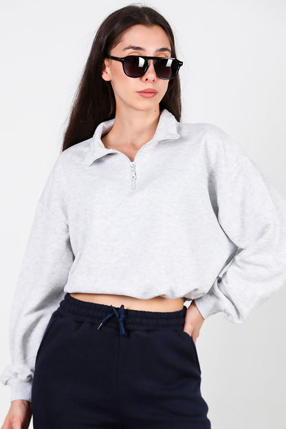 Kadın Yarım Fermuar Dik Yaka Bel Lastikli Sweat Gri