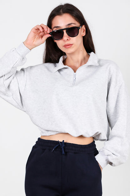 Kadın Yarım Fermuar Dik Yaka Bel Lastikli Sweat Gri