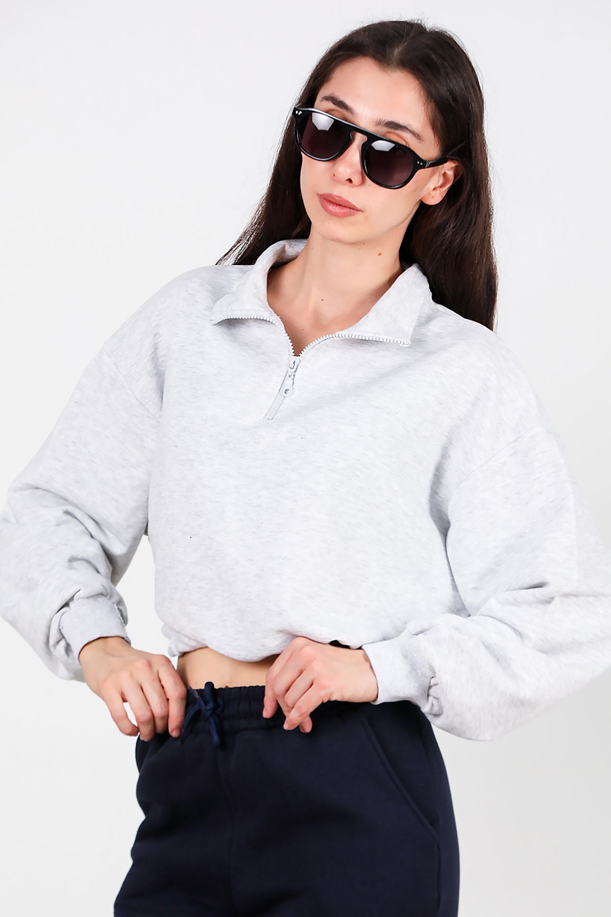 Kadın Yarım Fermuar Dik Yaka Bel Lastikli Sweat Gri