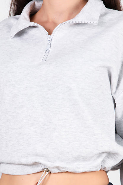 Kadın Yarım Fermuar Dik Yaka Bel Lastikli Sweat Gri
