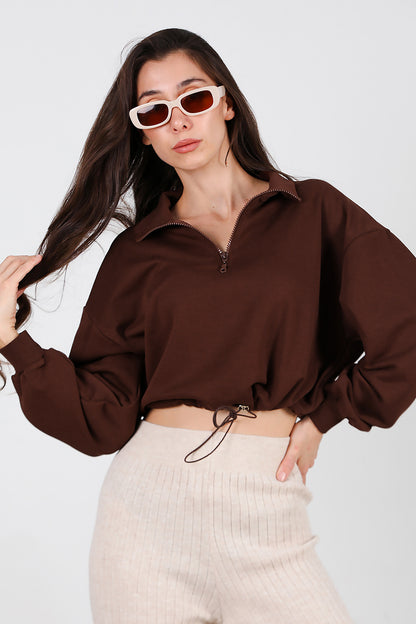 Kadın Yarım Fermuar Dik Yaka Bel Lastikli Sweat Kahverengi