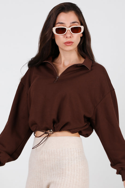 Kadın Yarım Fermuar Dik Yaka Bel Lastikli Sweat Kahverengi