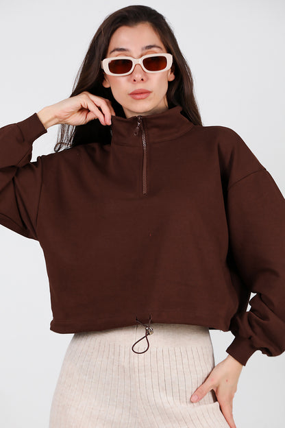 Kadın Yarım Fermuar Dik Yaka Bel Lastikli Sweat Kahverengi
