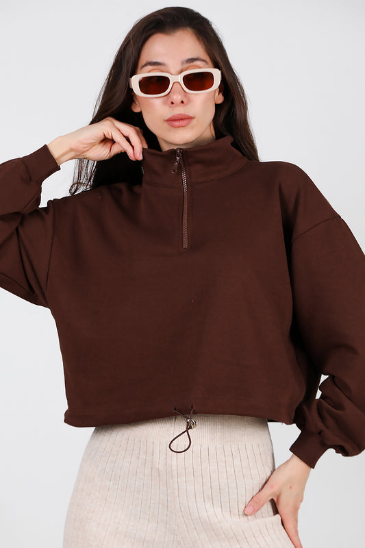 Kadın Yarım Fermuar Dik Yaka Bel Lastikli Sweat Kahverengi