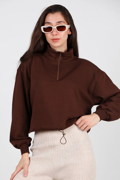 Kadın Yarım Fermuar Dik Yaka Bel Lastikli Sweat Kahverengi