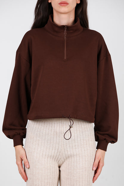 Kadın Yarım Fermuar Dik Yaka Bel Lastikli Sweat Kahverengi