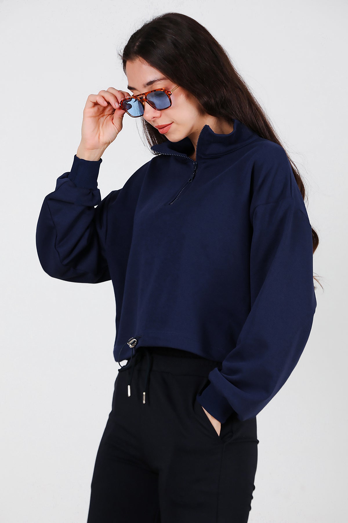 Kadın Yarım Fermuar Dik Yaka Bel Lastikli Sweat Lacivert