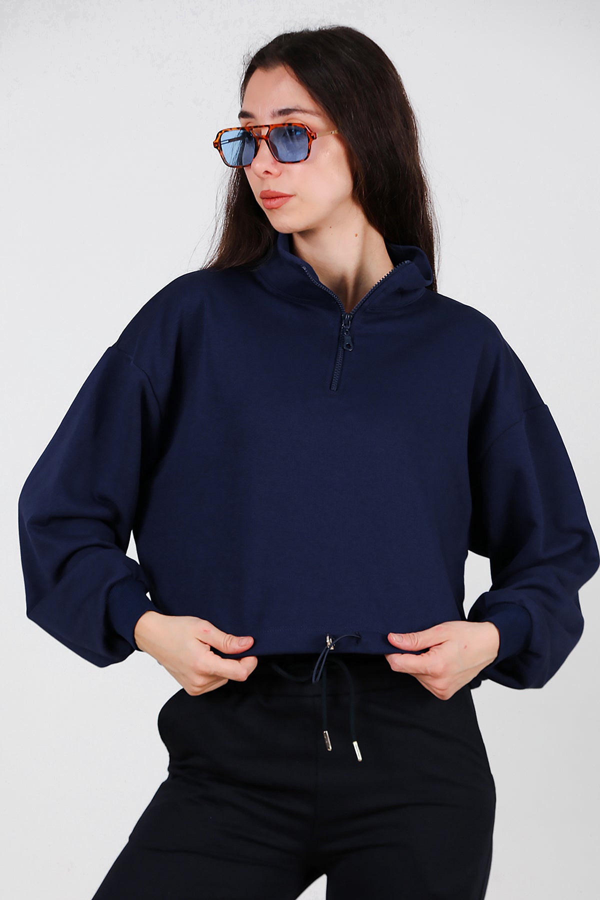 Kadın Yarım Fermuar Dik Yaka Bel Lastikli Sweat Lacivert