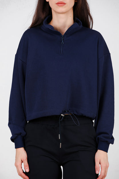 Kadın Yarım Fermuar Dik Yaka Bel Lastikli Sweat Lacivert