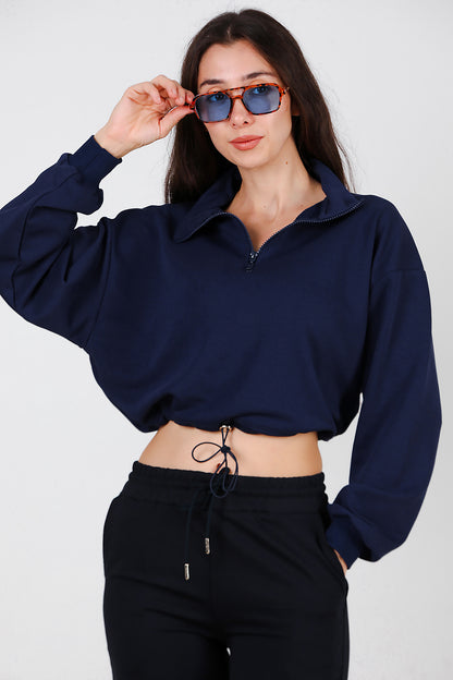 Kadın Yarım Fermuar Dik Yaka Bel Lastikli Sweat Lacivert