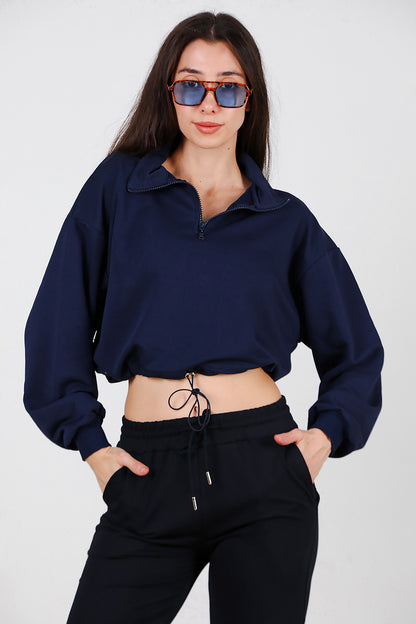 Kadın Yarım Fermuar Dik Yaka Bel Lastikli Sweat Lacivert