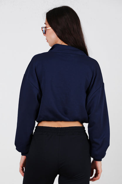 Kadın Yarım Fermuar Dik Yaka Bel Lastikli Sweat Lacivert