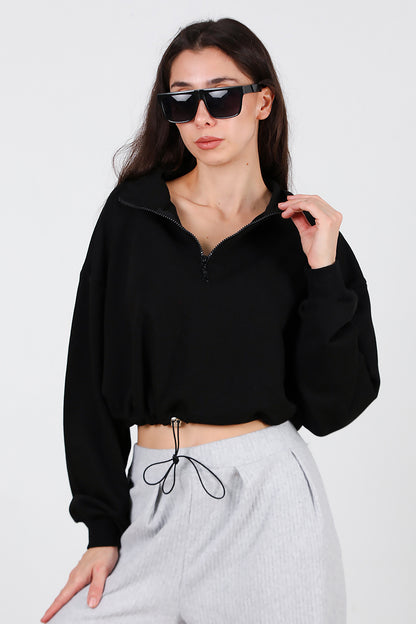Kadın Yarım Fermuar Dik Yaka Bel Lastikli Sweet Siyah