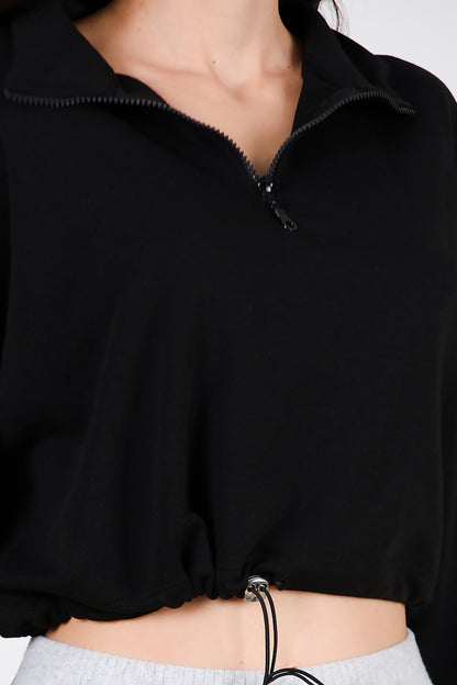 Kadın Yarım Fermuar Dik Yaka Bel Lastikli Sweet Siyah