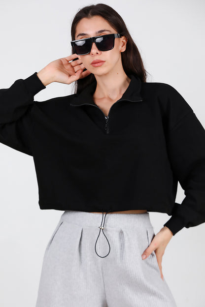 Kadın Yarım Fermuar Dik Yaka Bel Lastikli Sweet Siyah